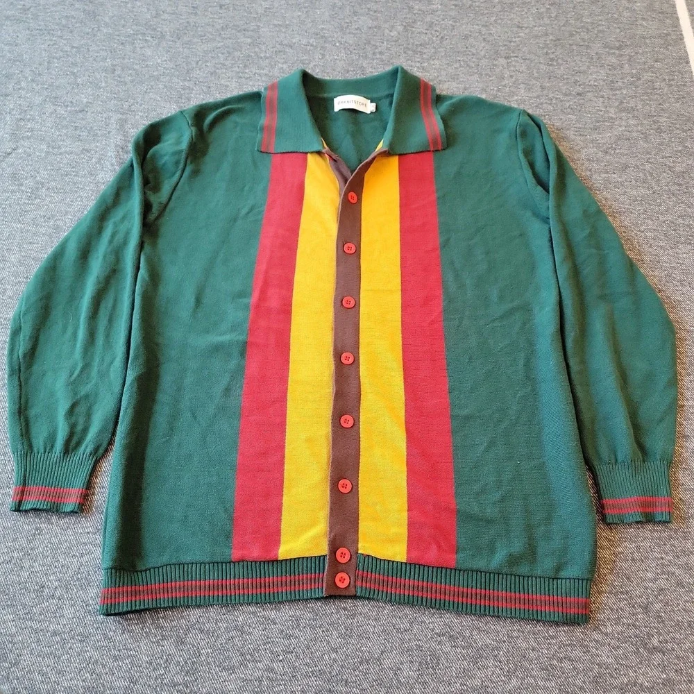 OXKNITSTORE Cardigan Sweater Men's XL Green Striped Colorblock Long Sleeve
